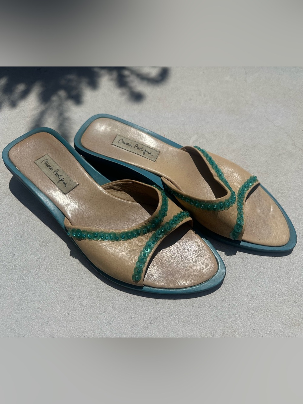Manolo Blahnik Inspired Mario Bologna Y2K Turquoise Beige Beaded Thong Sandals - Picture 4 of 9